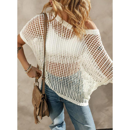 🎁 Womens Summer Scoop Neck Short Sleeve Sweater Casual Crochet Hollow Out Knit Tops Pullover Shirts Beach Coverup