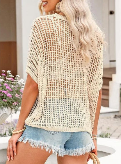 🎁 Womens Summer Scoop Neck Short Sleeve Sweater Casual Crochet Hollow Out Knit Tops Pullover Shirts Beach Coverup