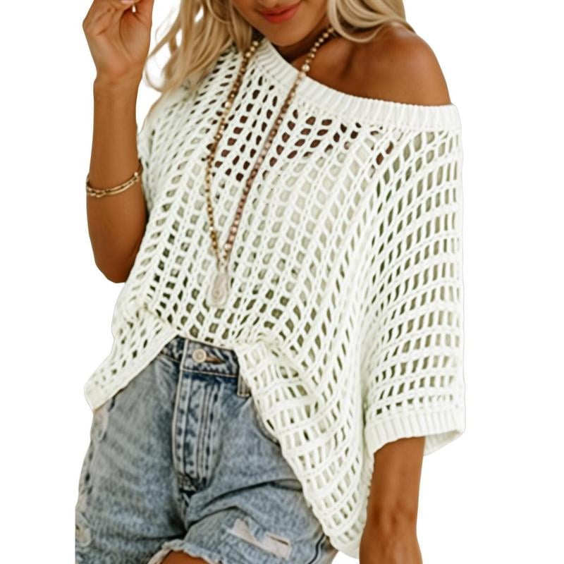 🎁 Womens Summer Scoop Neck Short Sleeve Sweater Casual Crochet Hollow Out Knit Tops Pullover Shirts Beach Coverup