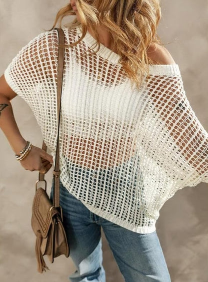 🎁 Womens Summer Scoop Neck Short Sleeve Sweater Casual Crochet Hollow Out Knit Tops Pullover Shirts Beach Coverup