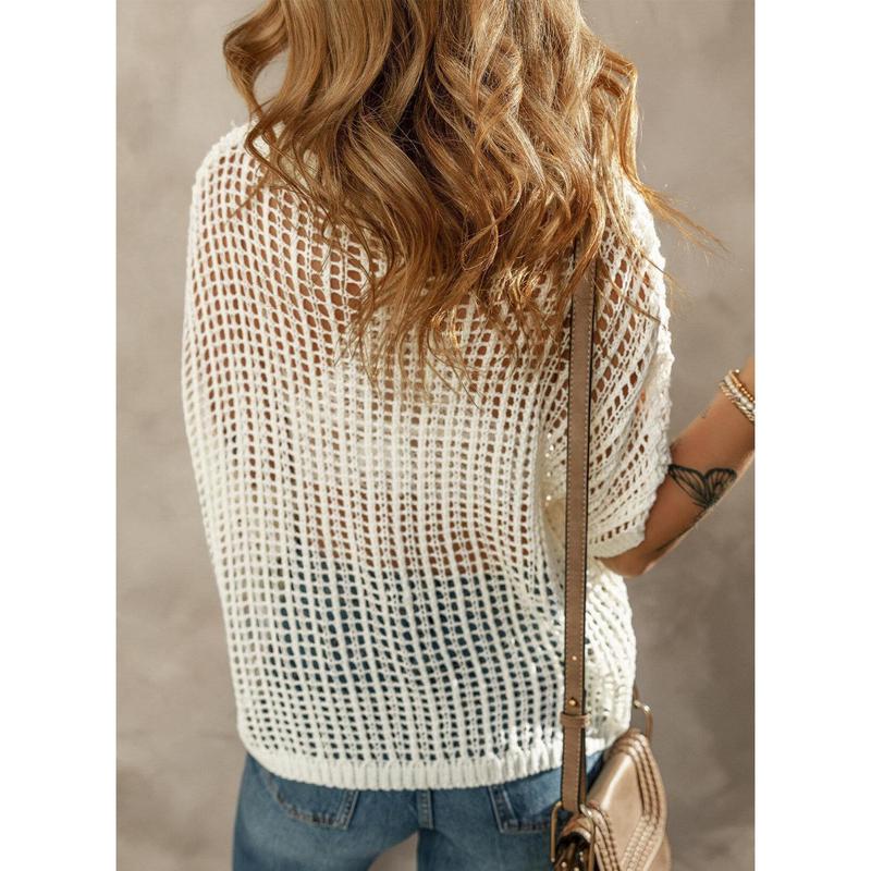 🎁 Womens Summer Scoop Neck Short Sleeve Sweater Casual Crochet Hollow Out Knit Tops Pullover Shirts Beach Coverup