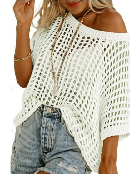 🎁 Womens Summer Scoop Neck Short Sleeve Sweater Casual Crochet Hollow Out Knit Tops Pullover Shirts Beach Coverup
