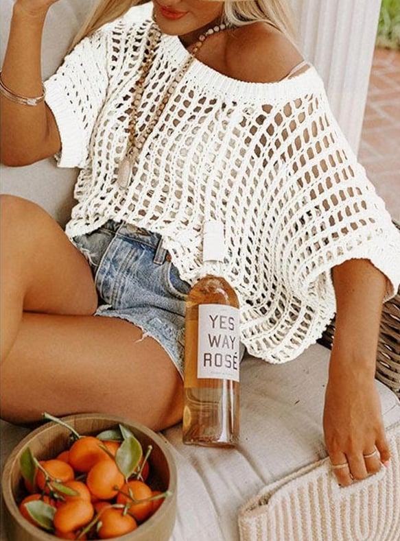 🎁 Womens Summer Scoop Neck Short Sleeve Sweater Casual Crochet Hollow Out Knit Tops Pullover Shirts Beach Coverup