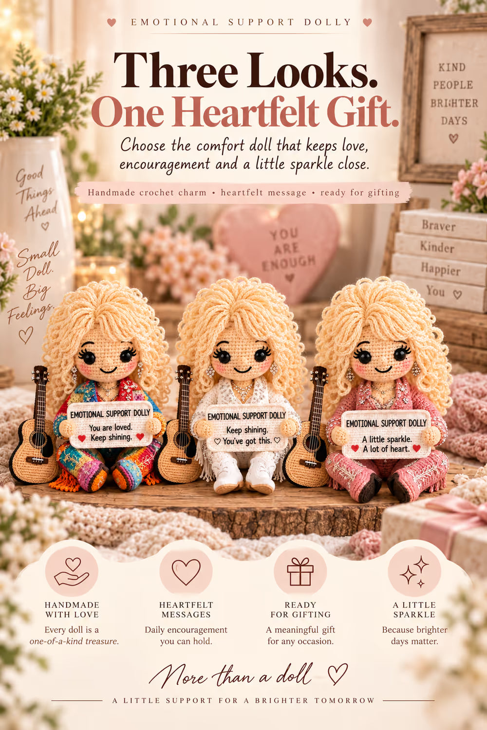 🔥LAST DAY 50% OFF - 💗Handmade Crochet Emotional Support Dolls | Country‑Music‑Inspired Encouragement Keepsake Gift With Heartfelt Positive Message Cards