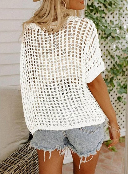 🎁 Womens Summer Scoop Neck Short Sleeve Sweater Casual Crochet Hollow Out Knit Tops Pullover Shirts Beach Coverup