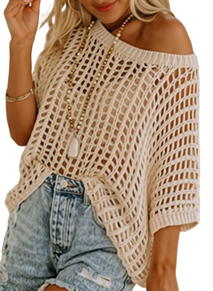 🎁 Womens Summer Scoop Neck Short Sleeve Sweater Casual Crochet Hollow Out Knit Tops Pullover Shirts Beach Coverup