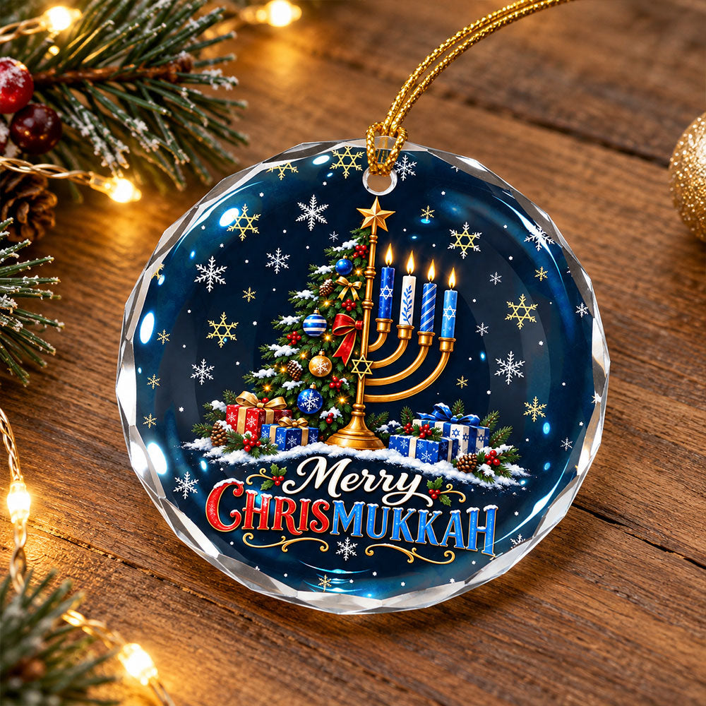 Merry Hanukkah Christmas Tree Menorah Glass Ornament