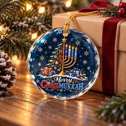 Merry Hanukkah Christmas Tree Menorah Glass Ornament
