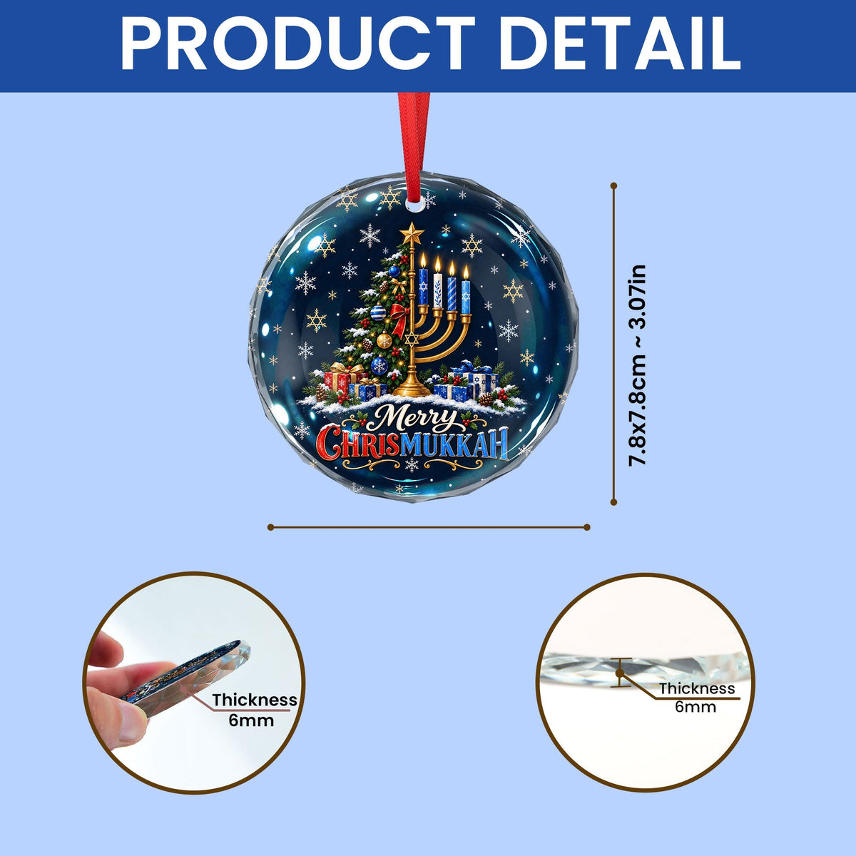 Merry Hanukkah Christmas Tree Menorah Glass Ornament