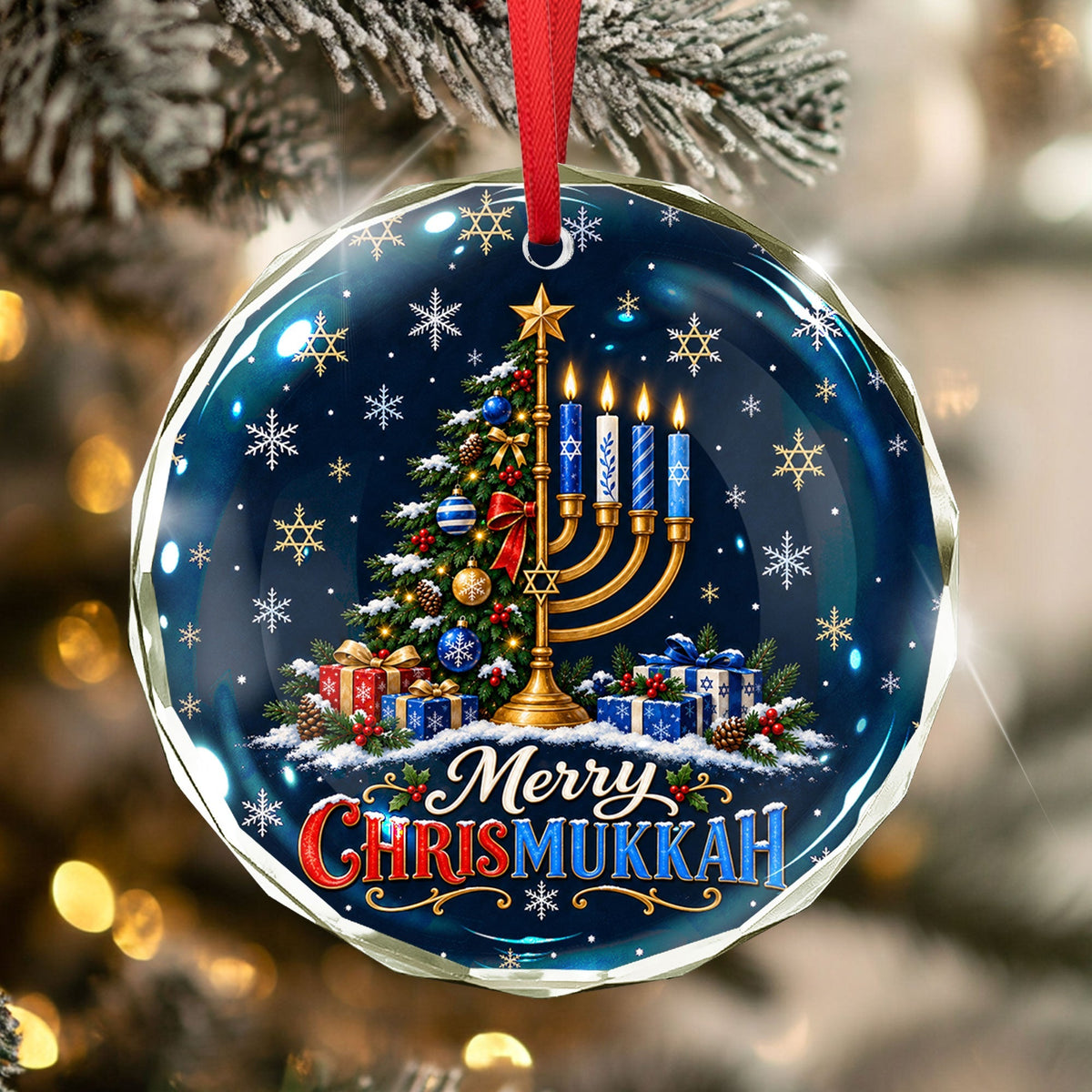 Merry Hanukkah Christmas Tree Menorah Glass Ornament