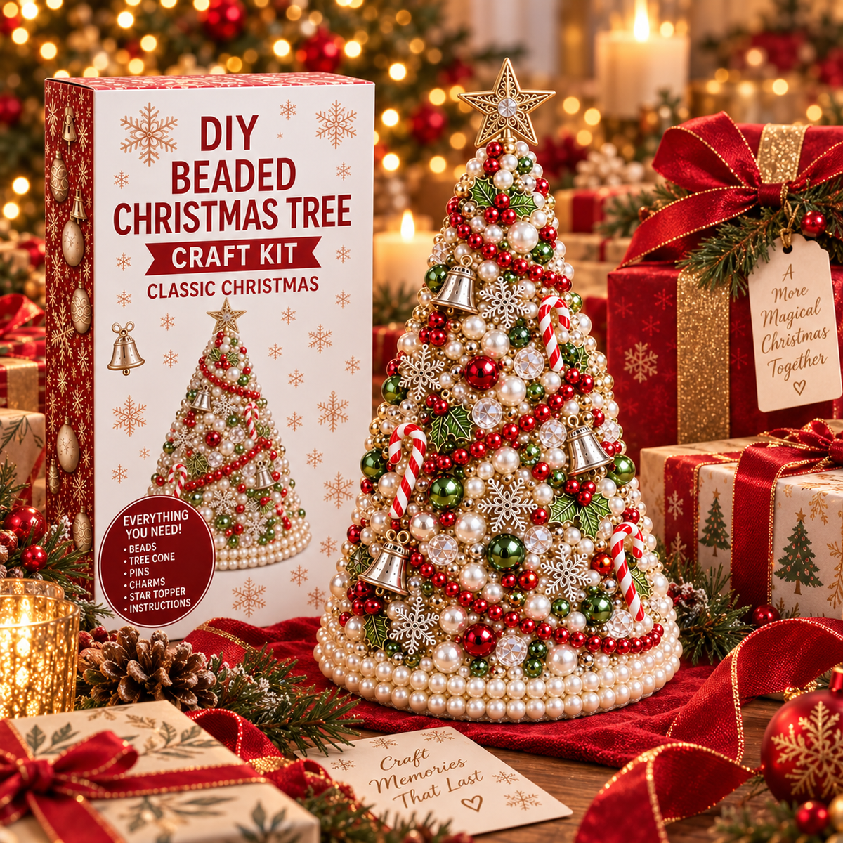DIY Beaded Pearl Art Santa Claus Christmas Tree – Ornament Kit Holiday Decor