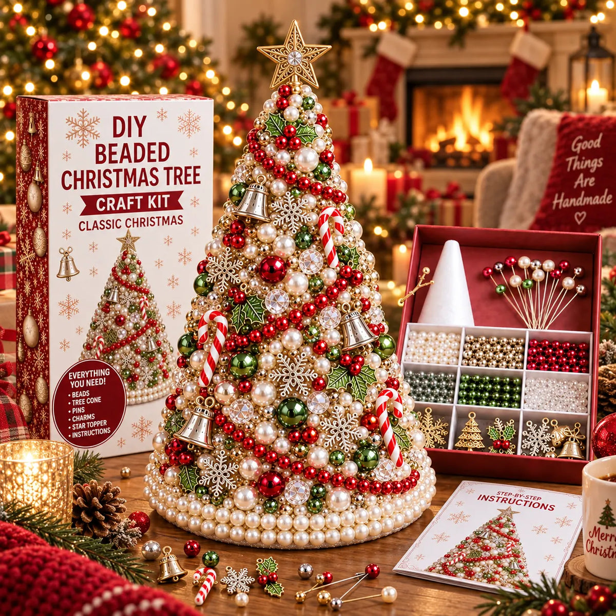 DIY Beaded Pearl Art Santa Claus Christmas Tree – Ornament Kit Holiday Decor