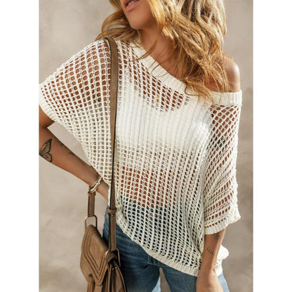🎁 Womens Summer Scoop Neck Short Sleeve Sweater Casual Crochet Hollow Out Knit Tops Pullover Shirts Beach Coverup