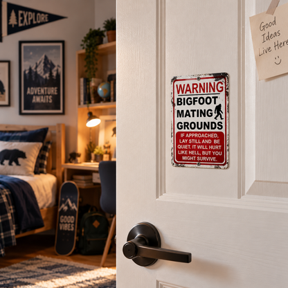 Warning Bigfoot Mating Grounds Sign – Funny Sasquatch Wall Decor
