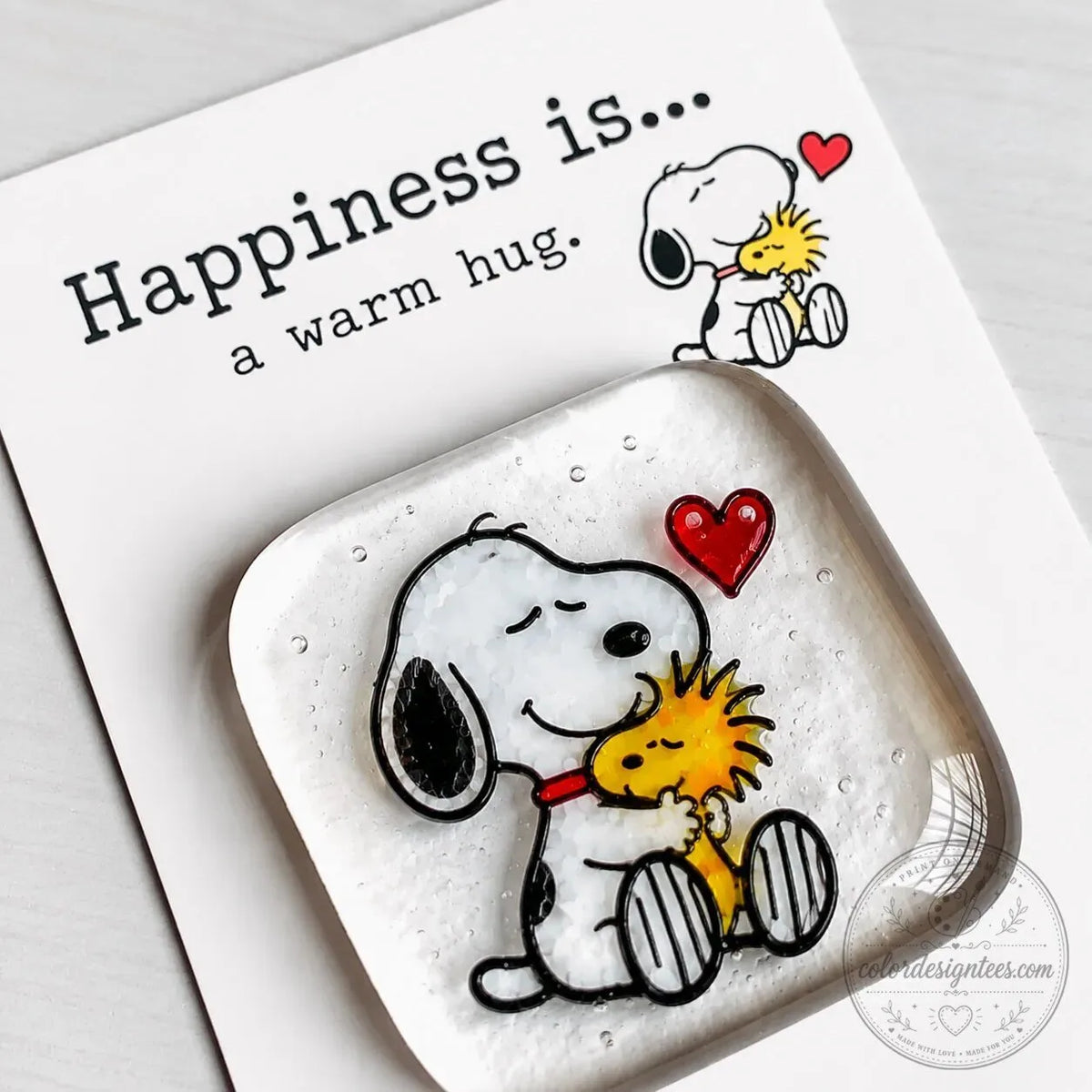Snoopy and Woodstock Happiness Is A Warm Hug Glass Pocket Token