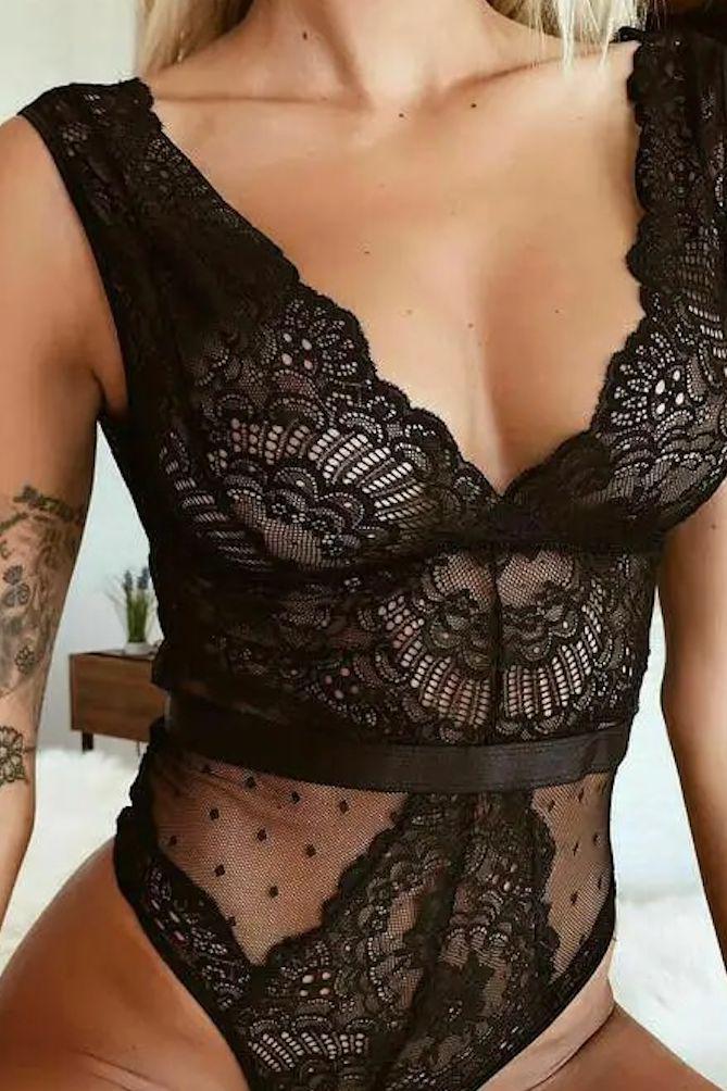 Black Ember Lace Bodysuit - Black